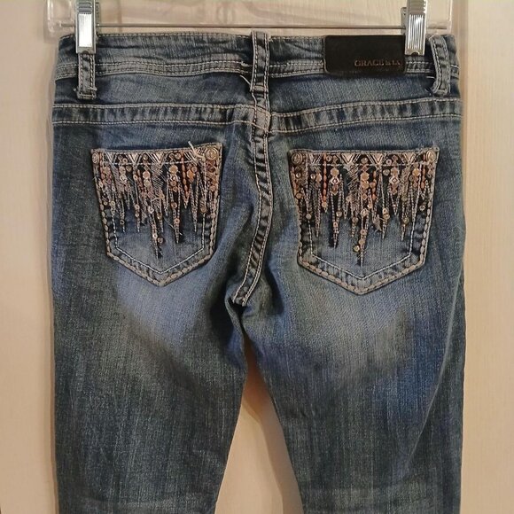 Y2K low-rise skinny jeans thick stitching rhinestones embellished embroidered 25 - Picture 4 of 6